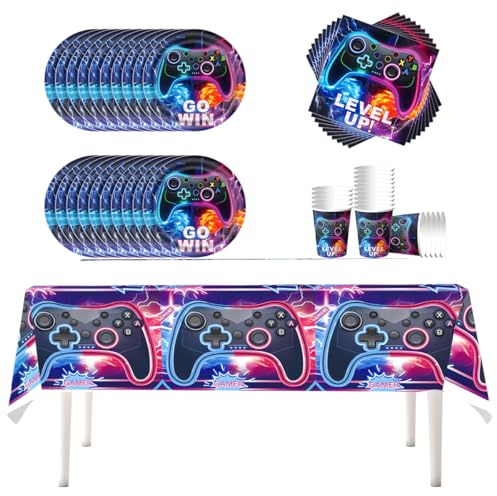 Fuwraixis Vajilla para fiestas videojuegos, Productos para fiestas mando de videojuegos, Vajilla para Cumpleaños Infantil, 20 platos 20 tazas 20 servilletas 1 mantel, para 20 invitados