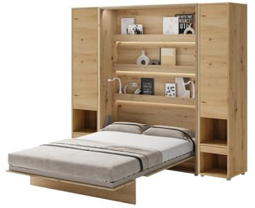 Friderik Set - Bed Concept BC-01 Wandklappbett Vertikales Schrankbett mit Matratze und LED-Beleuchtung, 140x200 cm + 2X Vertikalschrank BC-07 (Artisan-Eiche)