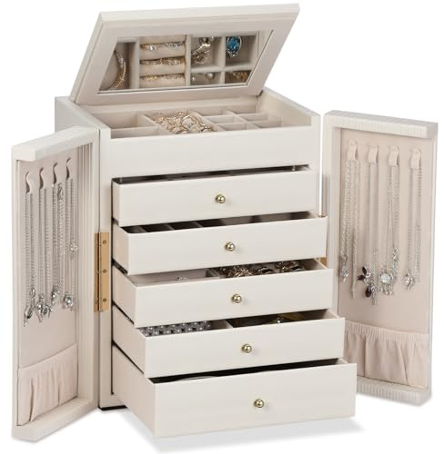 Dajasan Portagioie Grande a 6 Livelli, Portagioie donna da camera con 5 Cassetti e Specchio, Porta Gioielli Per Archiviare Anelli, Orecchini, Collane, Braccialetti, Beige