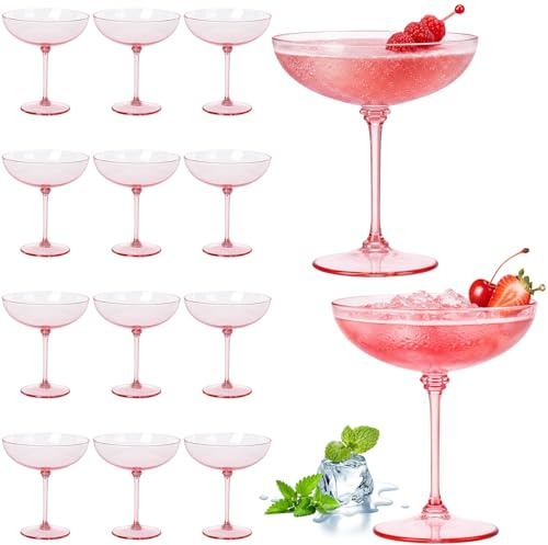 LemonRoad 12 Pcs Plastic Coupe Glasses 9 oz Disposable Martini Glasses for Cocktails, Champagne, Desserts and Espresso, Drinkware Set for Weddings, Birthday Parties, Home Bars (Pink)