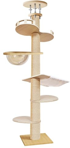 Fukursul Katzenbaum Von Boden BIS Decke, höhenverstellbar - 6-Etagen Kratzpfosten aus Hanf für Innen- und Außenbereich - Stabiler Kletterturm für große Katzen (1 Set) 1 Set