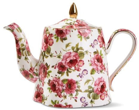 Teiera floreale, teiera vintage in ceramica, 963,9 g, in porcellana, carino, con rose rosa e finiture dorate, teiera decorativa per tea party, inaugurazione della casa, Natale, regali del