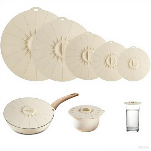5 Pièces Couvercle Casserole Silicone Alimentaire, Couvercles en Silicone Réutilisables, Couvercle Ventouse, Pour Bols, Casseroles, Assiettes, Tasses (Beige)