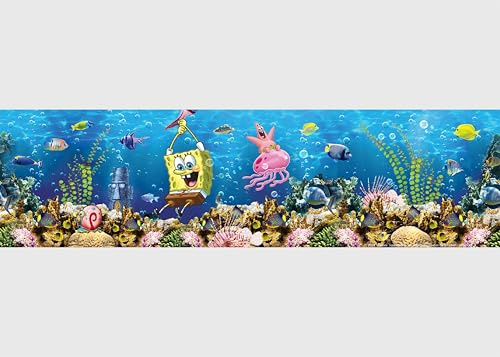 Selbstklebende Bordüre Sponge Bob AG Design, AWBD 8030 | Wasserfest Kinderzimmer Wand Aufkleber Dekoration | Wandbordüre für Mädchen und Junge | Folie, Mehrfarbig | Breite 500 cm x Höhe 13.8 cm