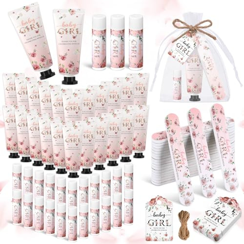 Leelosp 50 Sets Baby Shower Favors for Guests Baby Shower Hand Cream and Lip Balm Bulk Gift Set Thank You Gift Travel Size Hand Lotion Lip Balm with Nail File Party Favors