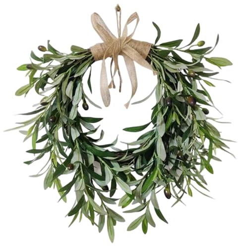 Couronne d'olivier Artificielle avec nœud en Toile de Jute de Ferme, Guirlande Branches d'olivier Vertes 20 Pouces pour décoration Porte 'entrée Noël, Mur intérieur et décorations