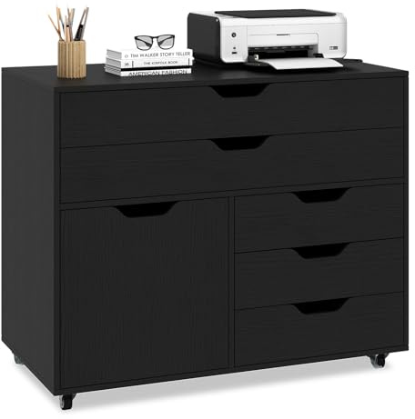 COSTWAY Rollcontainer mit 5 Schubladen & Schrank, mobiler Aktenschrank mit Rollen, Schubladenschrank mit Arbeitsplatte, Rollwagen Bürocontainer aus Holz für Zuhause, Büro (Schwarz,77,5 x 40 x 64 cm)
