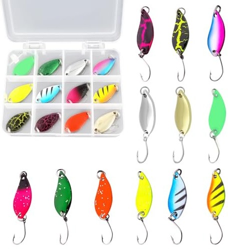12 Pieces Fishing Lures, 5g Multicolor Trout Spoon Set with Storage Box, Fishing Spoons, Artificial Bait Spinner for Bass Pike Zander Trout