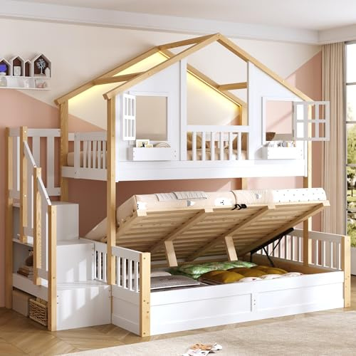 Fppuueg Cama Litera Matrimonio 90x200+140x200 cm, Litera Infantil con Almacenaje Hidráulica y Escalera de Almacenaje, Literas Juveniles con Forma de Casita y Luces LED, Blanco + Natural, Sin Colchón