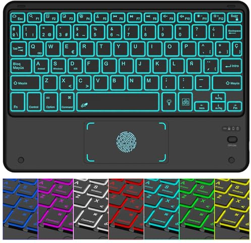 Teclado Bluetooth Español con Touchpad, Light Teclado Inalámbrico Portátil | QWERTY Teclado inalámbrico Bluetooth con Retroiluminación para iPad, iPhone, Samsung Compatible con iOS, Android y Windows