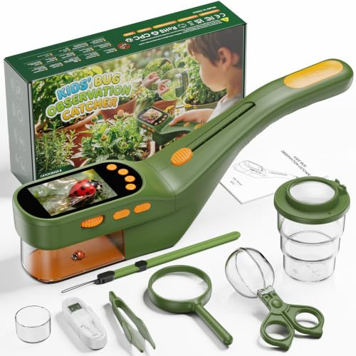ASPOVEN Atrapa Insectos con 500X Pantalla - Kit Explorador Niños, Kit Cazabichos con Lupa, Pinzas, Porta-Insectos,Insectos Juguete, Aire Libre Aventura Juguetes para Niños y Adultos (Verde oscuro)