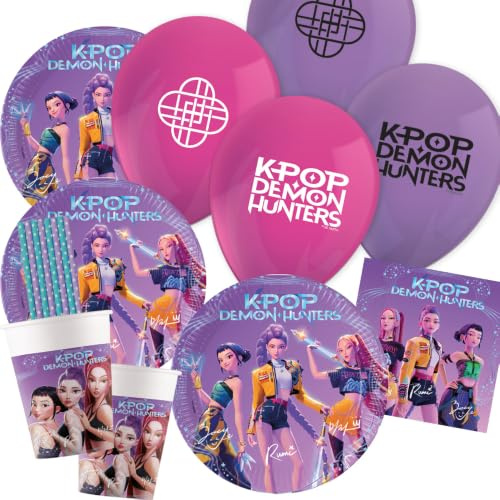 Fest-set KPop Demon Hunters med ballonger för 8 barn | Papptallrikar, pappersmuggar, servetter, ballonger, papperssugrör för barns födelsedag