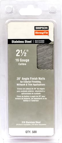 Simpson Strong-Tie T16N250PFB 20 Angle, Adhesive Collation, T-Style Head, 16-Gauge Finishing Nail 2-1/2 in. Type 316 (500-Qty)