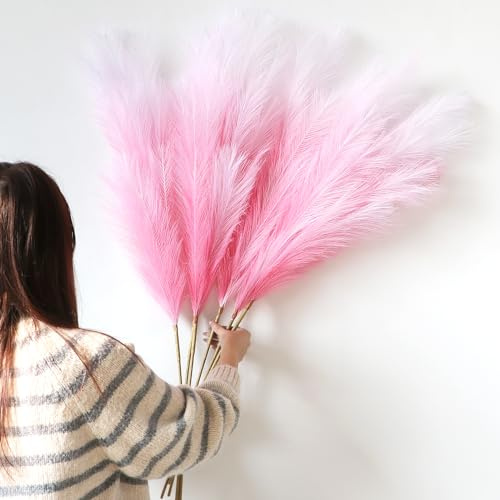 YiYa Künstliche Pampasgras-Dekoration, 6 Stück, 113 cm, große Pampasgrasstiele, Farbverlauf, leuchtend rot, flauschig, künstliches Pampasgras für Bodenvasen, hohe Pflanzen, Blumen, Boho