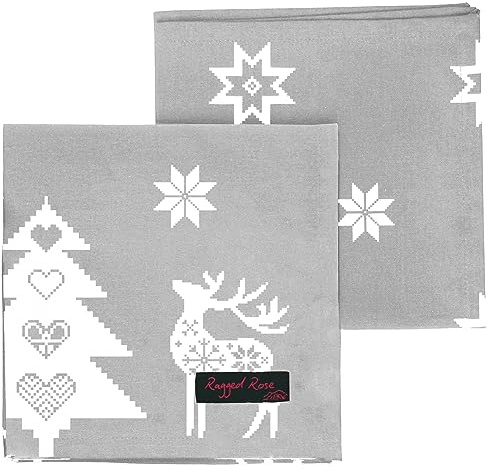 Ragged Rose julservett – bomullsservetter för jultema matbord inställning & bestick – silvergrå stjärnservetter presentinslagna tygservetter set med 4–40 cm x 40 cm