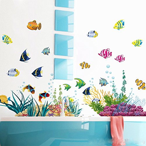 WandSticker4U®- Adesivi murali marini MONDO SOTTO MARINO impermeabile (130x42 cm) I Adesivi parete bagno piastrelle pesci oceano coralli alghe I Decorazioni sticker muro cameretta bambini pesce