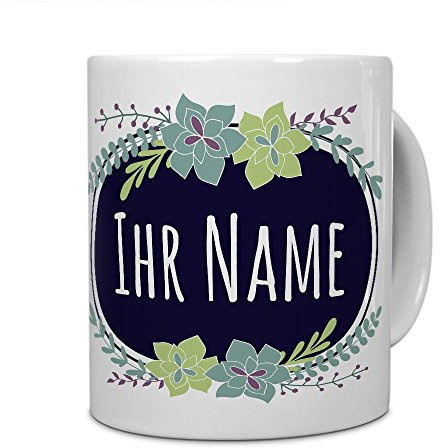 printplanet® Tasse mit Namen personalisiert - Motiv Flowers individuell gestalten - Farbvariante Weiß