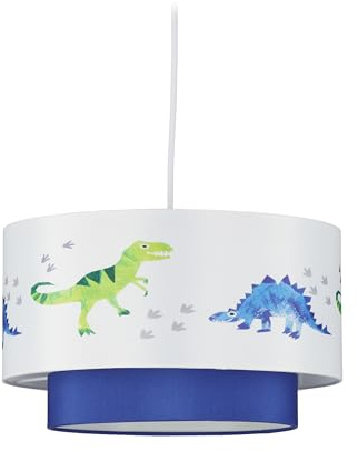Relaxdays Dino Hängelampe, runder Lampenschirm mit Dinosaurier-Motiv, für Kinder- & Babyzimmer, HxD 126x30 cm, weiß-blau