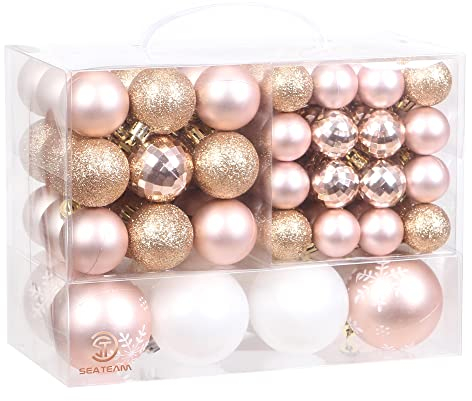 Sea Team 99 Pieces of Assorted Christmas Ball Ornaments Shatterproof Seasonal Decorative Hanging Baubles Set with Reusable Hand-held Gift Package for Holiday Xmas Tree Decorations, Rose Gold