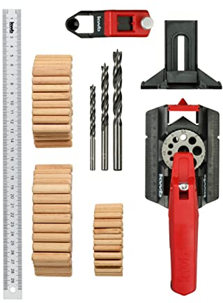 kwb Aide pour chevilles/Gabarit pour chevilles Set comprenant 50 chevilles et 1 foret 6, 8, 10 mm avec 30 cm, trous de 3-12 mm y compris mesures de carottage, perçage droit dans le bois, le métal