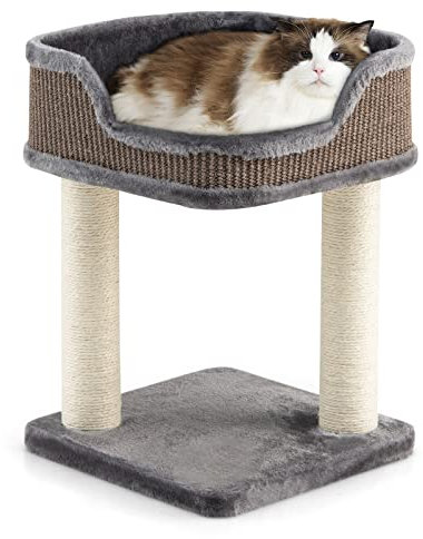 COSTWAY Kratzbaum Klein, Katzenbaum mit großem Plüschsitz, Katzenkratzbaum Holz, Katzen Katzenmöbel Kletterbaum, Aktivitätsbaum Spielbaum, Natursisalturm mit Kratzpfosten (Grau)