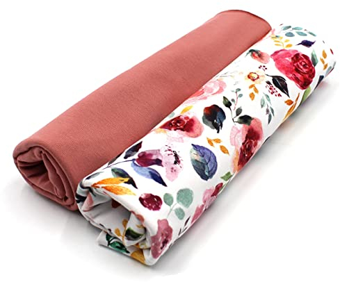 VmG-Store Jerseystoff Set farblich abgestimmt Design + Uni je 0,5mx1,5m 95% Baumwollstoff 5% Elasthan Tex Standard 100 (Flower Weiß+mauve Set49)