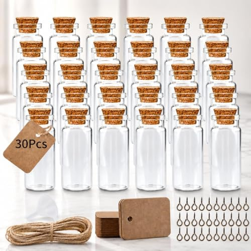 Cieex kleine Glasflasche Set mit Korken Kraftpapier Juteschnur, 30 x 10 ml | Mini Gewürzgläser Reagenzglas mit Korken, für DIY, Hochzeitsdeko, Geschenke Und Aufbewahrung Von Kräutern & Ölen
