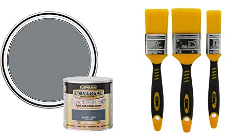 Rust-Oleum Universal Gloss Slate Grey 250ml AMZ0118 & Coral 31416 Zero Paint Brushes with No Loss of Bristle Paintbrush Heads 3 Piece Pack Set, Yellow, Set of 3