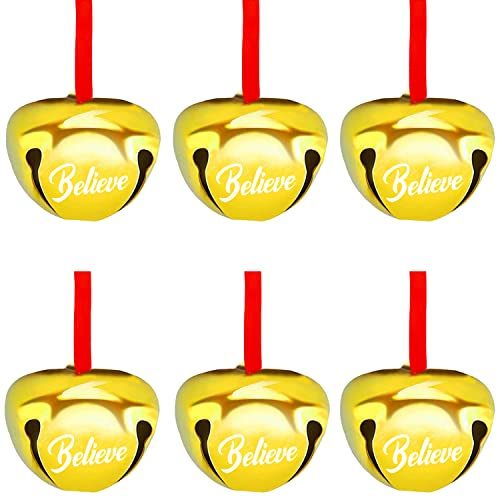 FOIMAS 30 Stück 4,1 cm Glöckchen Ornament Metall Weihnachten Schlittenglocken mit rotem Band für Weihnachtsbaum Urlaub Dekoration, Gold