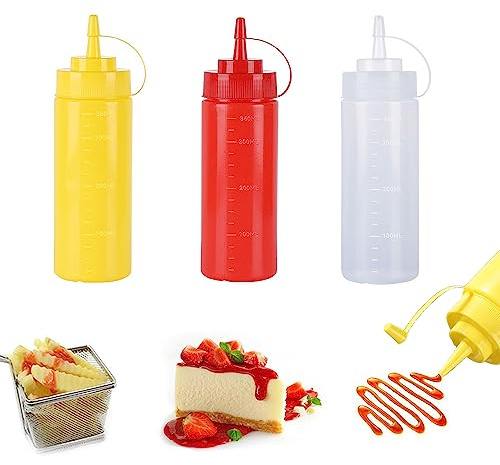 SKYPRO 3-Farben-Plastik-Quetschflaschen 355 ml Gewürz-Quetschflaschen Mehrzweck-Spritzflasche für Ketchup Öl Marmelade BBQ-Sauce Dressing Grillen Handwerk Sirup-Spender