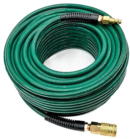 SYXQT Polyurethane(PU) 1/4-Inch x 100FT Reinforced, Air Hose with 1/4” Swivel Industrial Quick Coupler and Plug, Bend Restrictor,Blackish Green