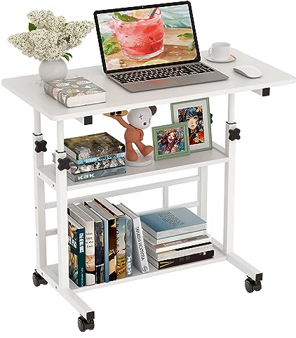 PIPIPOXER 80x40cm Computertisch mit Rollen, Schreibtisch Computertisch, Laptoptisch Höhenverstellbarer 74.5-955cm, Stehtisch Mobiler mit 4 Rollen und 2 Regal, PC Tisch Klein, Weiß