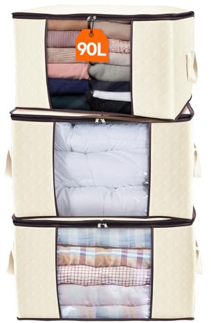 Lifewit 3 Stück 90 l Aufbewahrungstasche, Aufbewahrungsbox mit Deckel, Groß Kleideraufbewahrung Umzugskartons, Faltbare Aufbewahrung Boxen für Bettdecken Decken Kleidung Unterbett, Beige