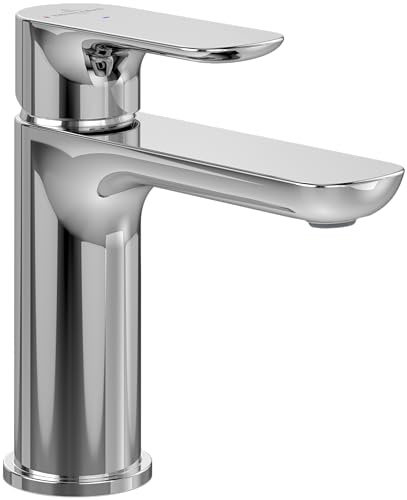 Villeroy & Boch O.novo Tvättställskran utan avloppsarmatur, kran badrum med kallstartsfunktion, handfatsarmatur vattenbesparande, pip höjd 105 mm, rund, krom