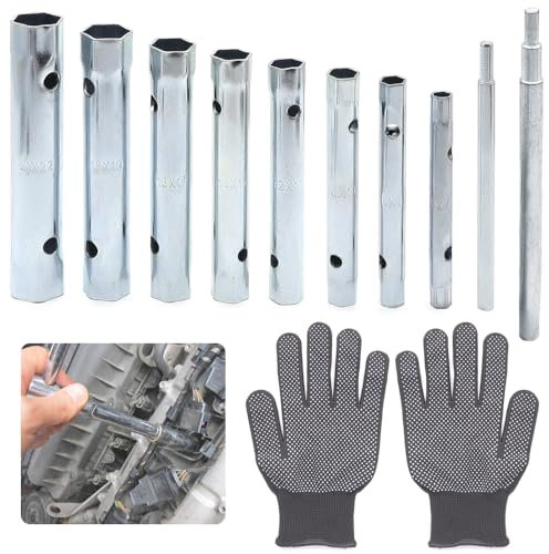 Aoyswuz 10 Stück 6-22 mm Rohrsteckschlüssel Satz mit PVC Handschuhe Qualitätsflachstahl Doppelsteckschlüssel für Wasserhähnen Sechskantmutter und Zündkerzen