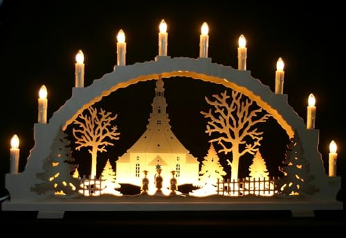 Großer Schwibbogen 70cm x 41cm mit 10 Kerzen und LED Vorbeleuchtung - Seiffener Kirche - traditionelles Motiv - Handarbeit aus dem Erzgebirge - Schwibbogen für Weihnachten