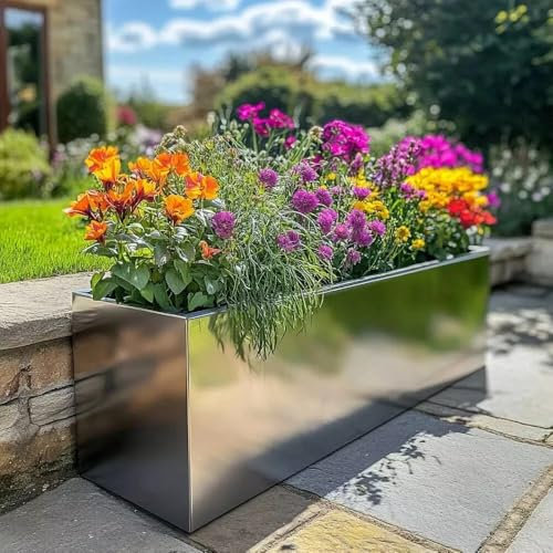 Tulipy 1.2m/1m/75cm/70cm Zinc Galvanised Trough Planter | No Assembly Needed | Lightweight (Silver, L100cm x W40cm x H40cm)