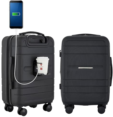 French Connection St. Martin Carry-On Luggage with Cup Holder/USB Ports, Black