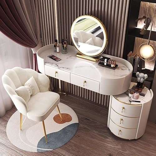 Moderne LED-Beleuchtung Schminktisch-Set mit intelligentem Spiegel, gesinterter Marmorplatte, Massivholz, Schminktisch, Schreibtischstuhl, Beistellschrank und Spiegel für Schlafzimmer, Weiß