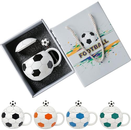 Cute Mugs 14 fl oz Unique Ceramic Coffee Mug with Lid and Spoon, Funny Mugs Cereal Bowl Soccer Gifts for Coaches Fans Players, Gag Sports Cool Stuff Cups Soccer Mom Teacups Retirement Gifts, Black