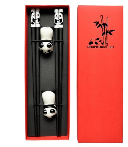 Juego de palillos chinos, palillos reutilizables Panda con soportes de cerámica, 2 pares de palillos de 9.4 pulgadas antideslizantes, aptos para lavavajillas para uso doméstico y restaurante, 24 cm