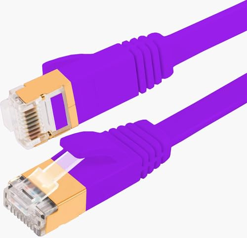 Cat7 Ethernet Cable 15M High Speed 10Gbps, 600MHz Shielded LAN Network Cable with Gold-Plated RJ45 Connectors, Flat Internet Cable for Router, Modem, PC, Laptop, PS5, Gaming, Switch, Smart TV(Purple)