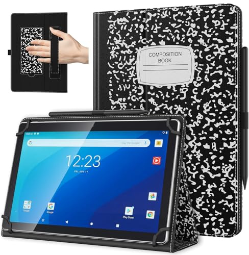 TiMOVO Custodia Universale per Tablet Android 10,1 Pollici con Anello per Penna, Cover Leggera e Pieghevole in Piedi con Cinghia a Mano per Tutti i Tablet Touchscreen da 9,6-11 Pollici, Quaderno Nero