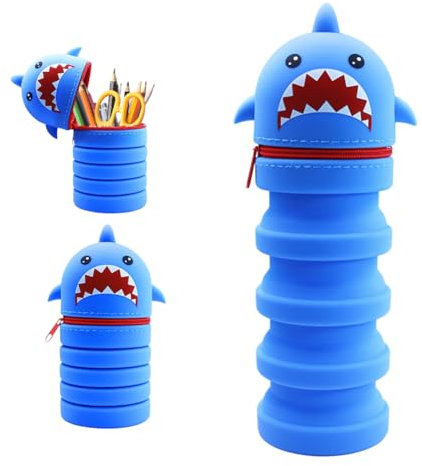 DASIAUTOEM Federmäppchen Silikon, Klapp Silikontasche Hai, Tischstifthalter Reißverschluss Stiftetasche, Federmappe und Stiftehalter, Mäppchen Tiere, Schlampermäppchen, 2 in 1 Kawaii Federmäppchen