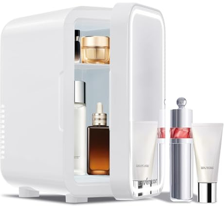 Enventor Mini Frigo avec miroir lumineux LED, 6L/8 canettes, Blanc | Petit Frigo pour soins de la peau, CA + 12V CC, refroidisseur et réchauffeur, pour chambres, voiture, cosmétiques