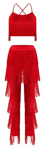 Freebily Abito da Ballo Latino Americano Donna Tango Crop Top Pantaloni con Nappe Frange Completo da Danza Samba Rumba Salsa Costume da Danza Moderna Jazz Cha-Cha Dancewear Rosso S