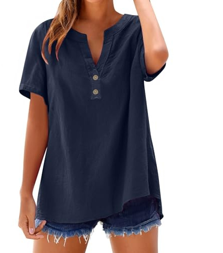 Camisetas Manga Corta Mujer De Algodon Y Lino con Botones Primavera Verano Moda Color Sólido Blusa Cuello En V Camiseta Casual Shirts Trabajo Fiesta Tops Elegante Cómoda Camisa Basica Top