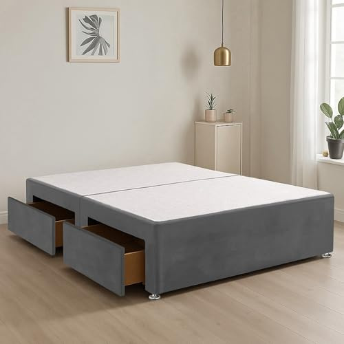 BED TIME UK - Plush Fabric Divan Bed Base with 2 Built-In Storage Drawers | Stylish Upholstered Bed Base for Smart Living (Grey, 4FT6 Double Bed)