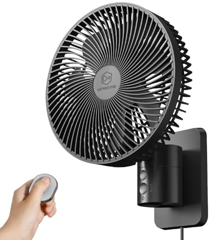 LEMOISTAR Ventilador de pared pequeño de 8 pulgadas con control remoto, oscilación de 90°, 4 velocidades, 4 temporizadores, inclinación ajustable, cable de 70 pulgadas, silencioso, para esquina