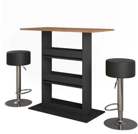 Vicco Set di tavoli da bar Repose, Rovere dorato/antracite, 110 x 55 cm con 2 sgabelli da bar, con scaffale aperto per riporre utensili da cucina